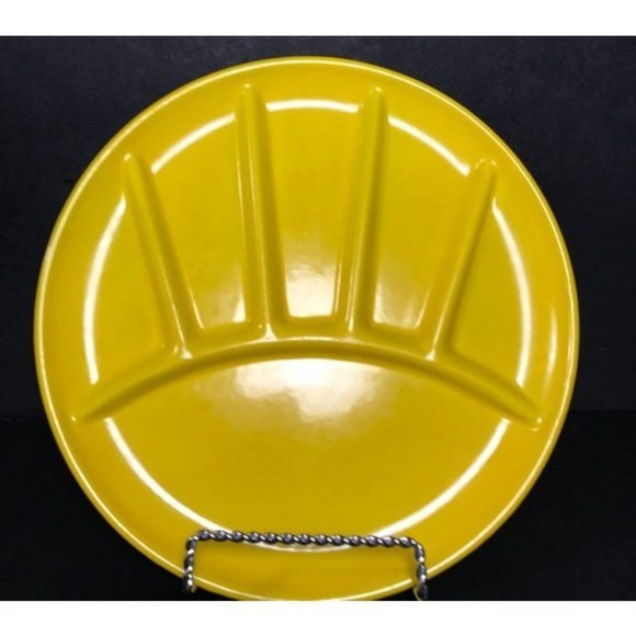 1 Vintage yellow MCM enamel divided dish Mid century modern metal fondue plate, - Picture 1 of 10